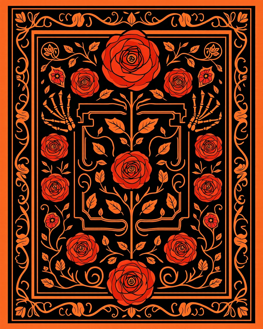 Orange Black Rose Skeleton Garden Rug