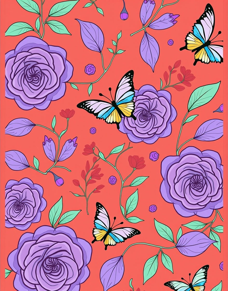 Coral Lilac Roses Butterfly Garden Rug