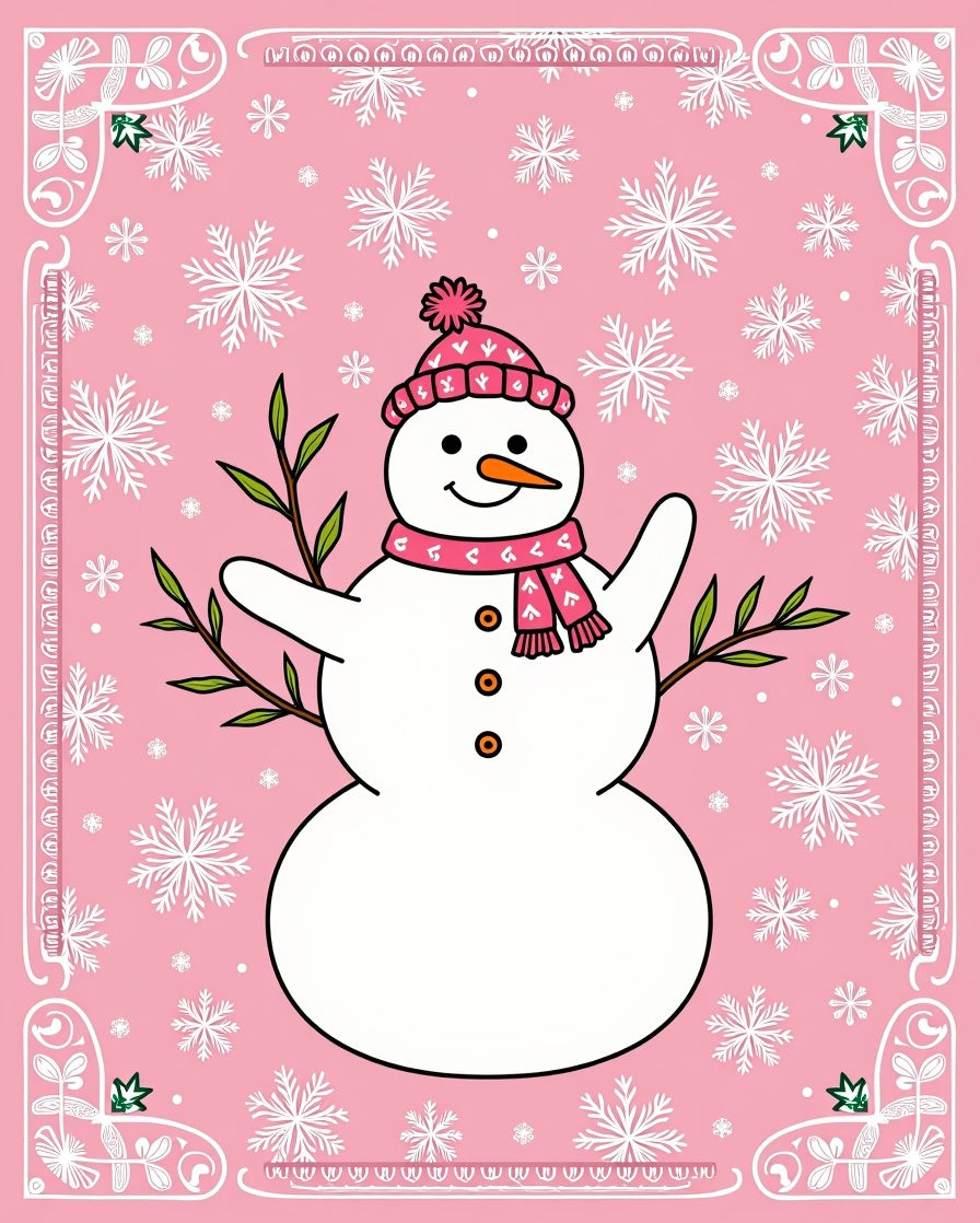 Pink Snowman Snowflake Border Rug