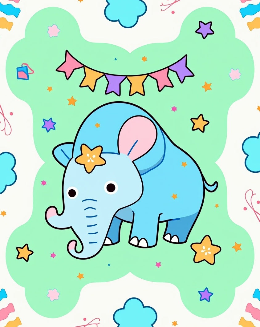 Cute Blue Elephant Stars Garland Rug