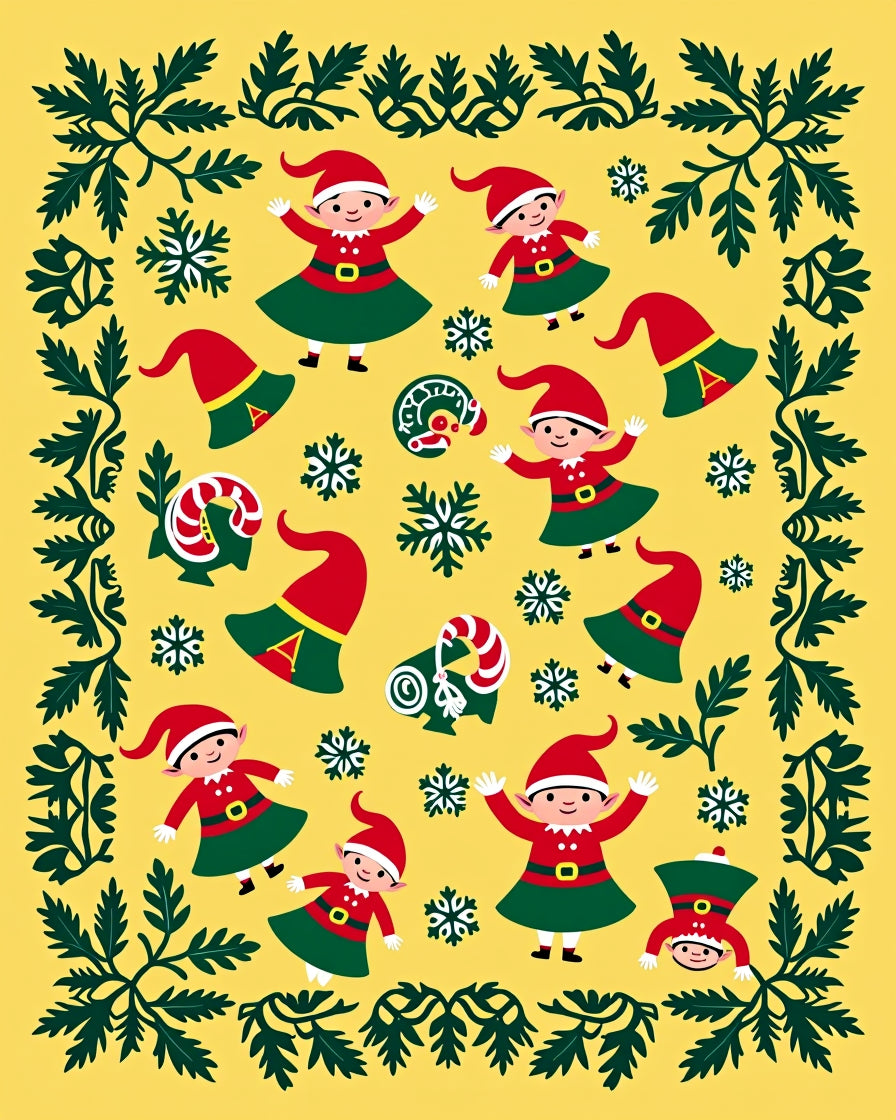 Festive Yellow Elf Snowflake Border Rug