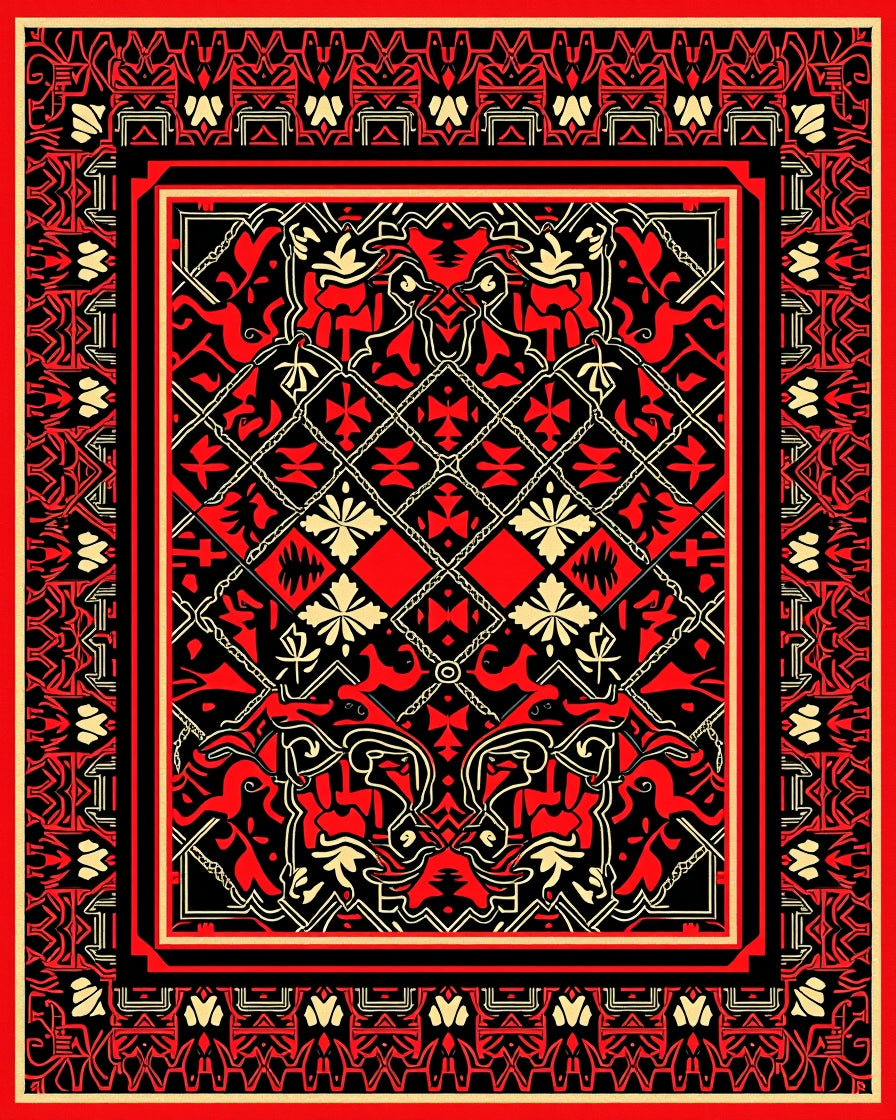 Bold Red Black Tribal Symmetry Rug
