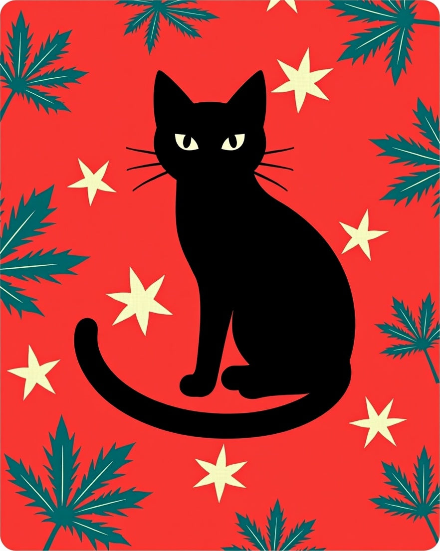 Black Cat Surrounded by Stars and Leaves Rug