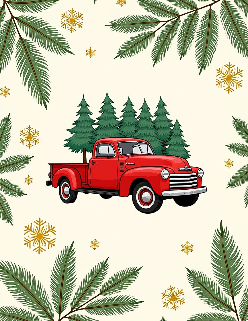 Retro Red Truck Pine Snowflakes Rug