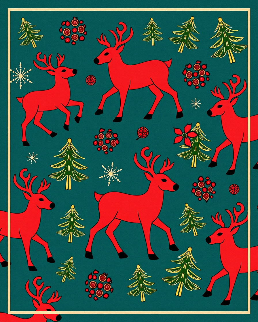 Red Reindeer Emerald Christmas Trees Snowflakes Rug