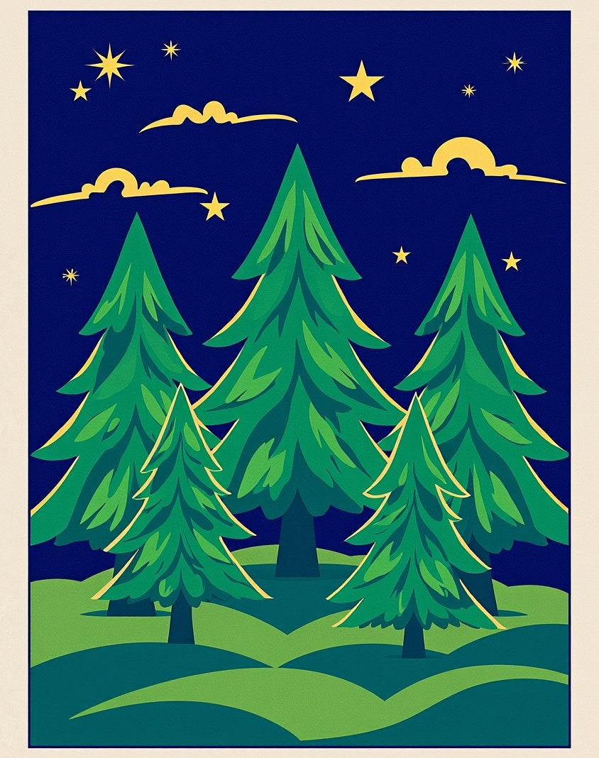 Dark Night Green Evergreen Forest Stars Rug