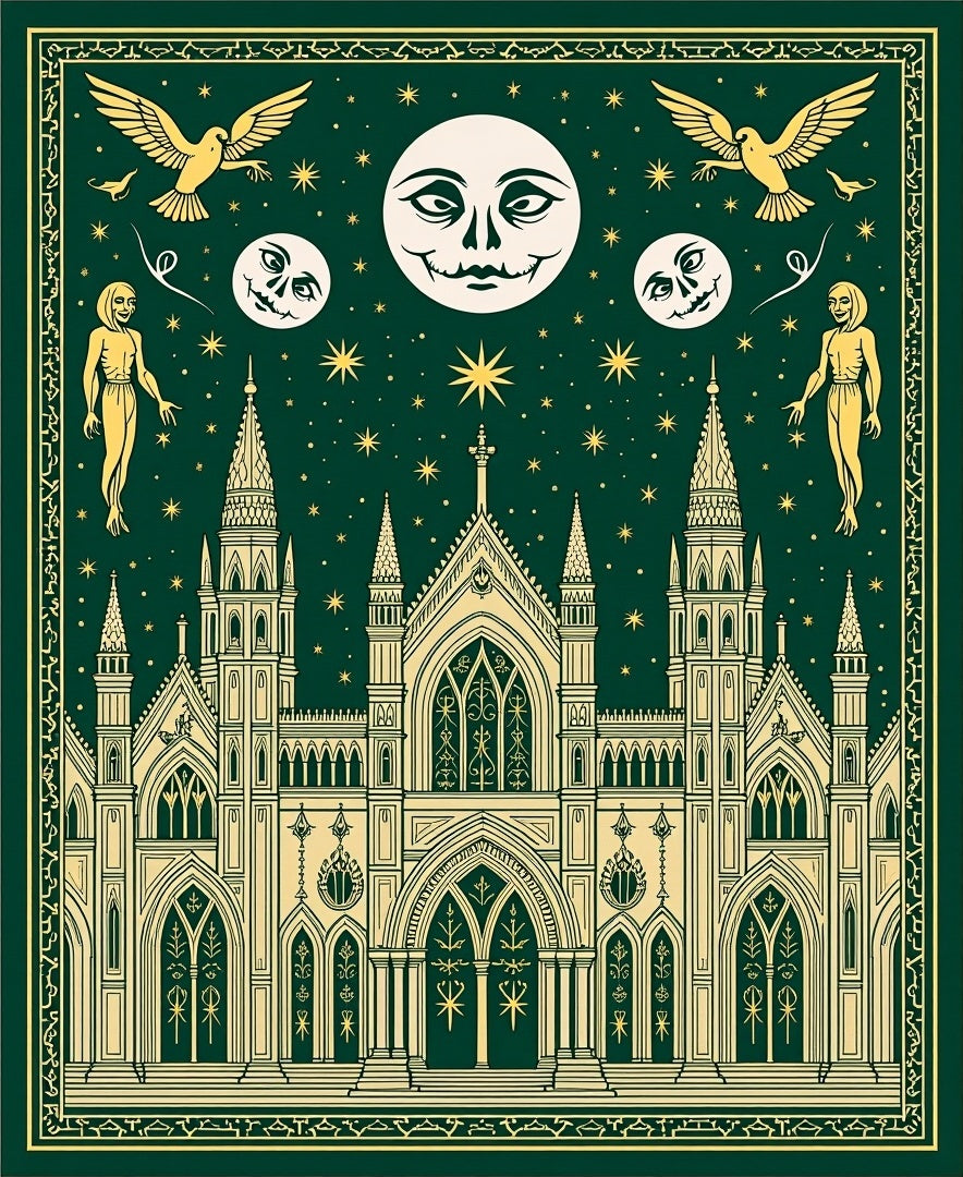 Gothic Emerald Castle Celestial Scene Rug