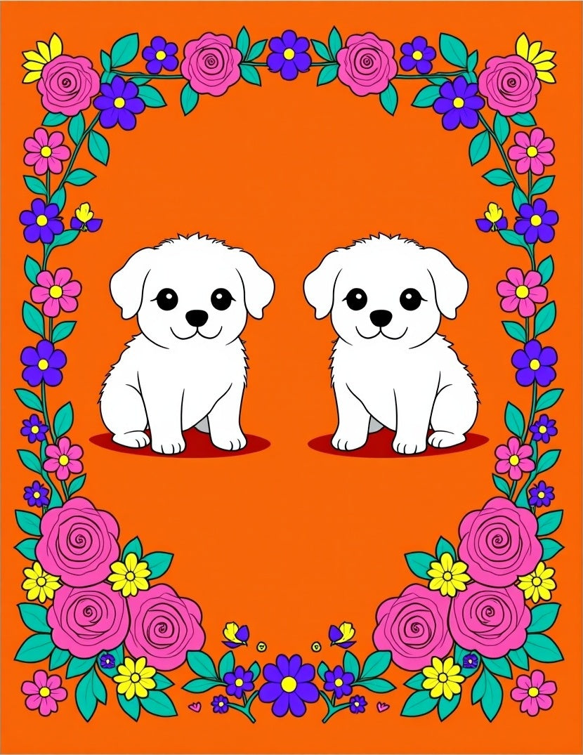 Cute White Puppies Floral Frame Rug