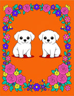 Cute White Puppies Floral Frame Rug