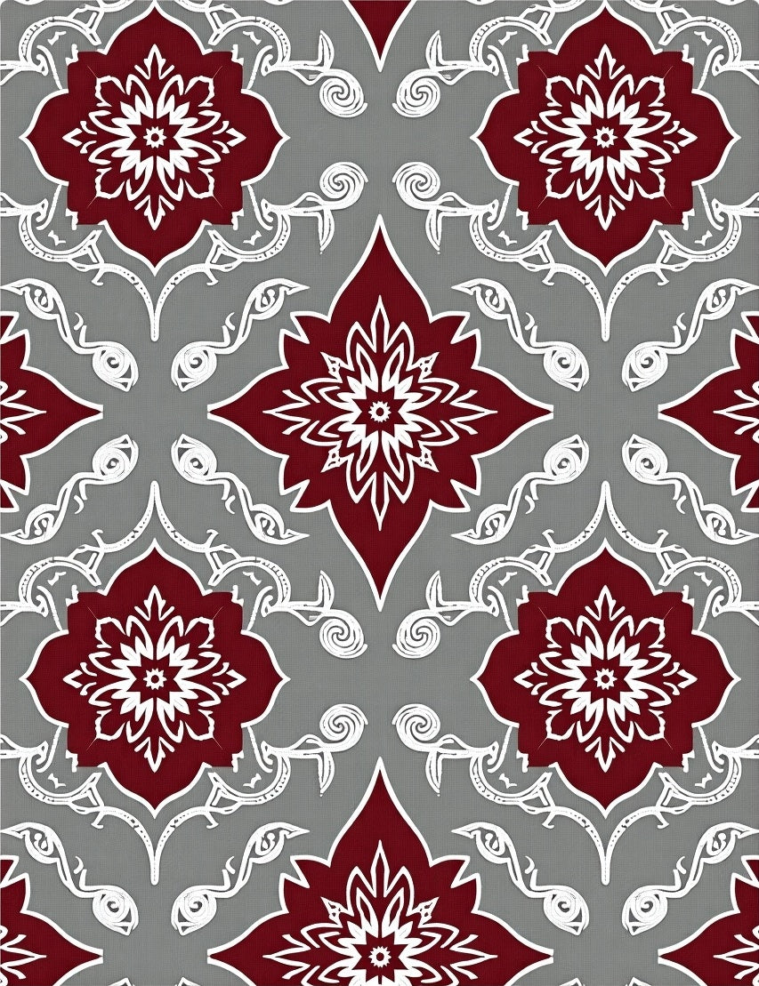 Deep Red Floral Medallion Gray Overlay Rug