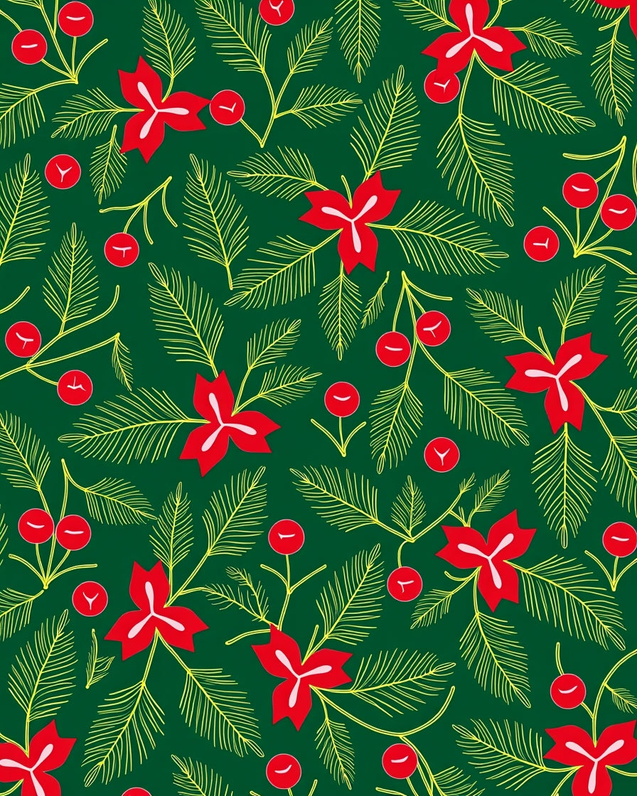 Red Poinsettia Green Berry Garland Rug