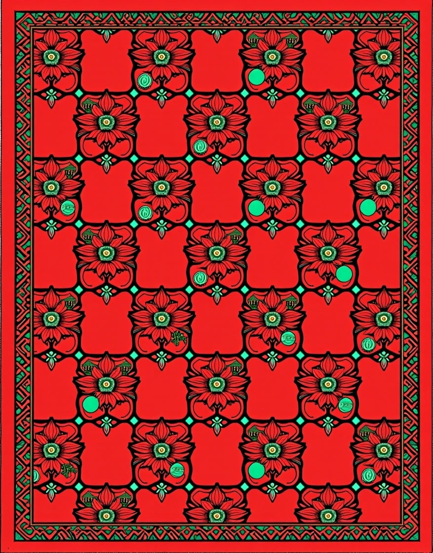 Vivid Red Floral Lattice Medallion Rug