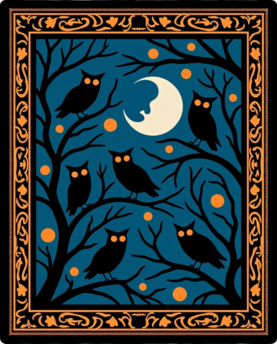 Halloween Night Owl Moon Scene Rug