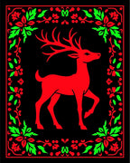Red And Green Floral Deer Motif Rug