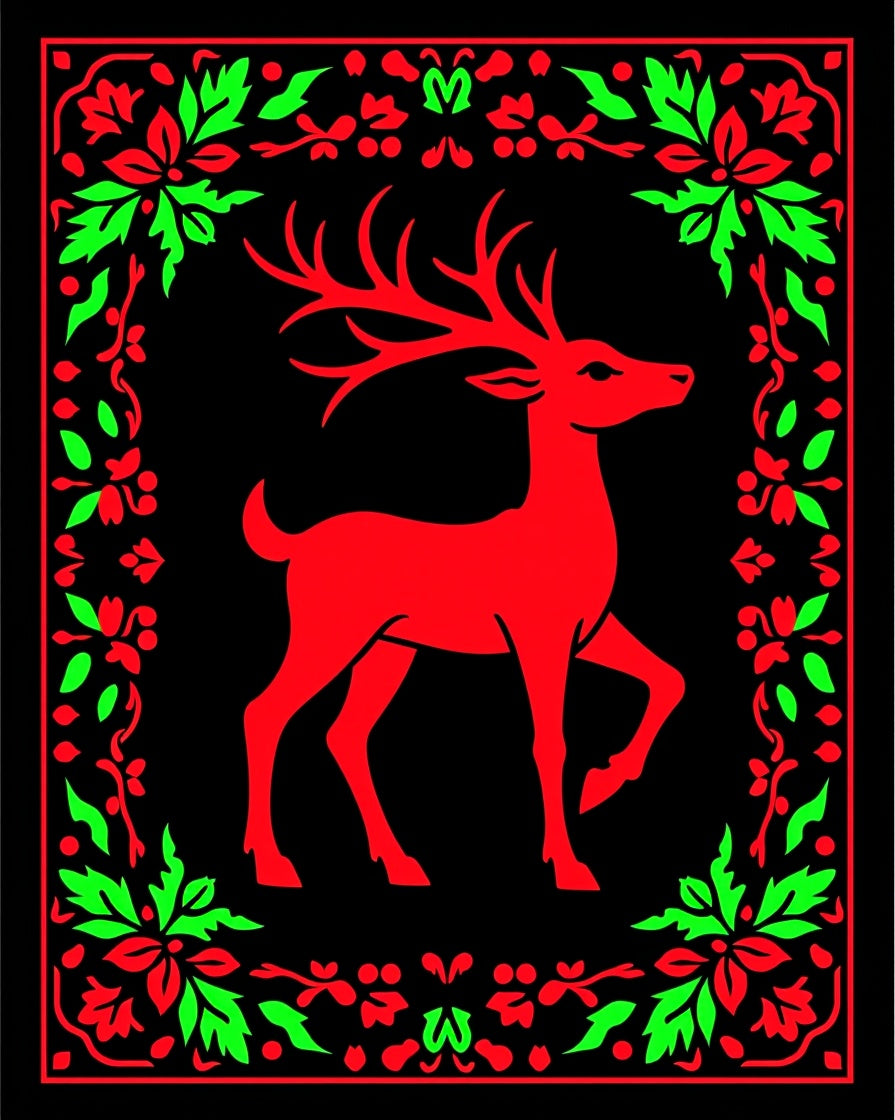 Red And Green Floral Deer Motif Rug