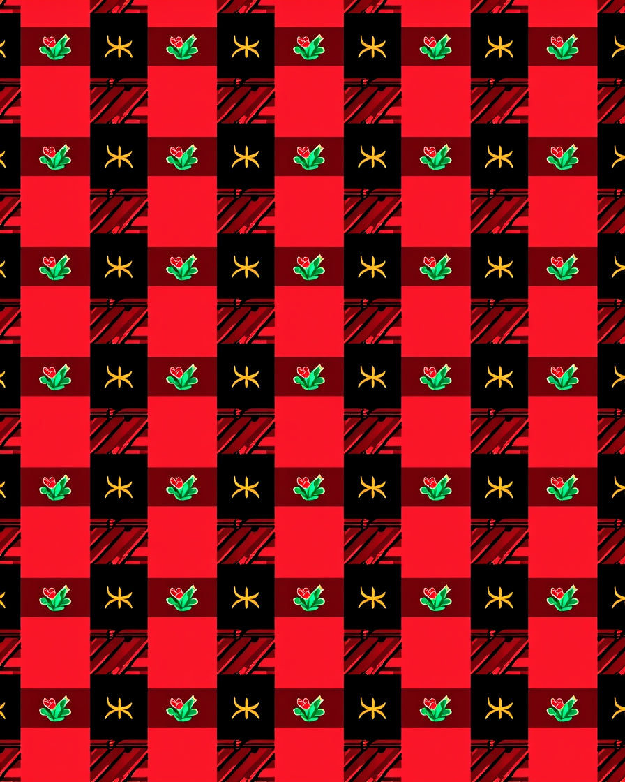 Red Black Buffalo Check Floral Motif Rug
