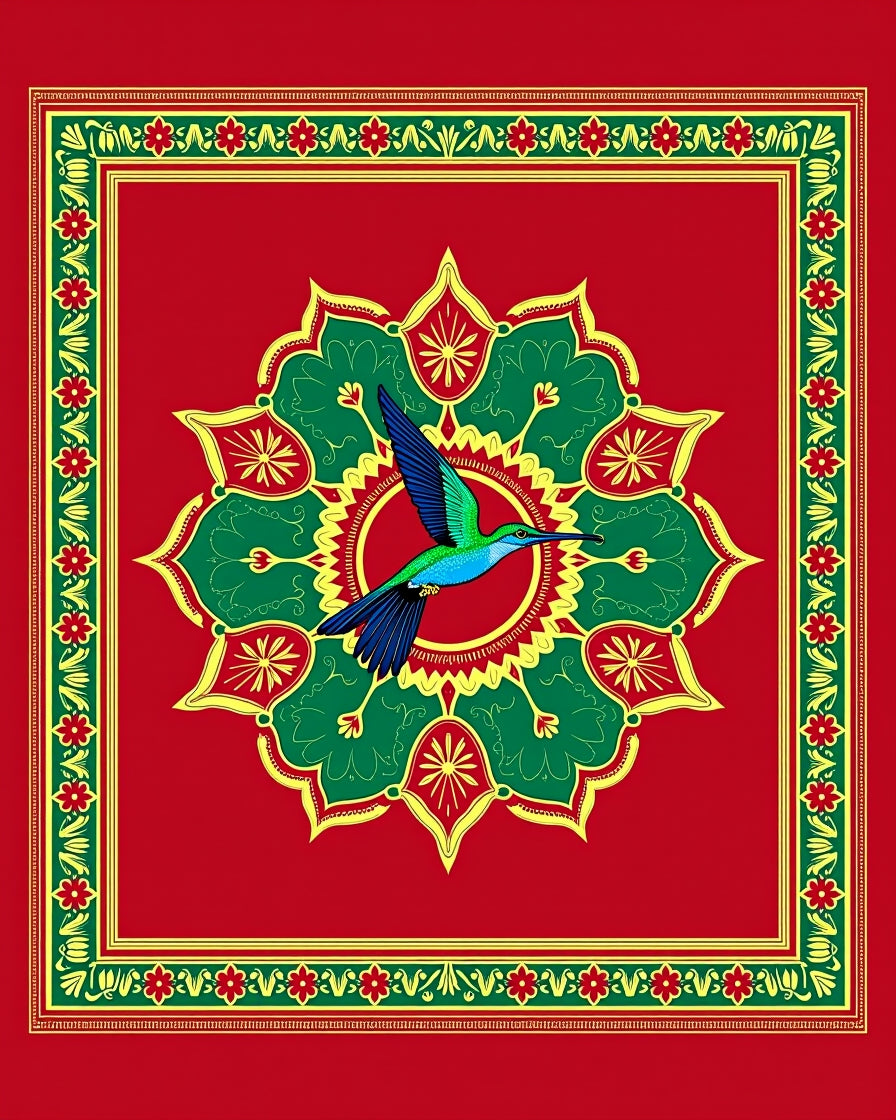 Vibrant Emerald Hummingbird Floral Medallion Rug