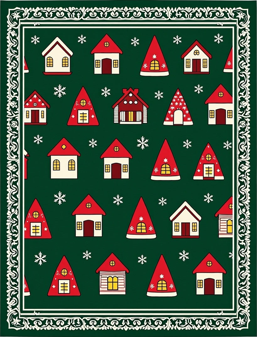 White Red Houses Snowflake Border Rug