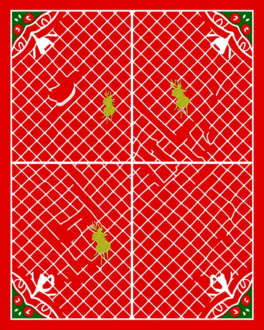 Red white grid with green reindeer corner Rug