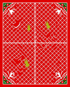 Red white grid with green reindeer corner Rug