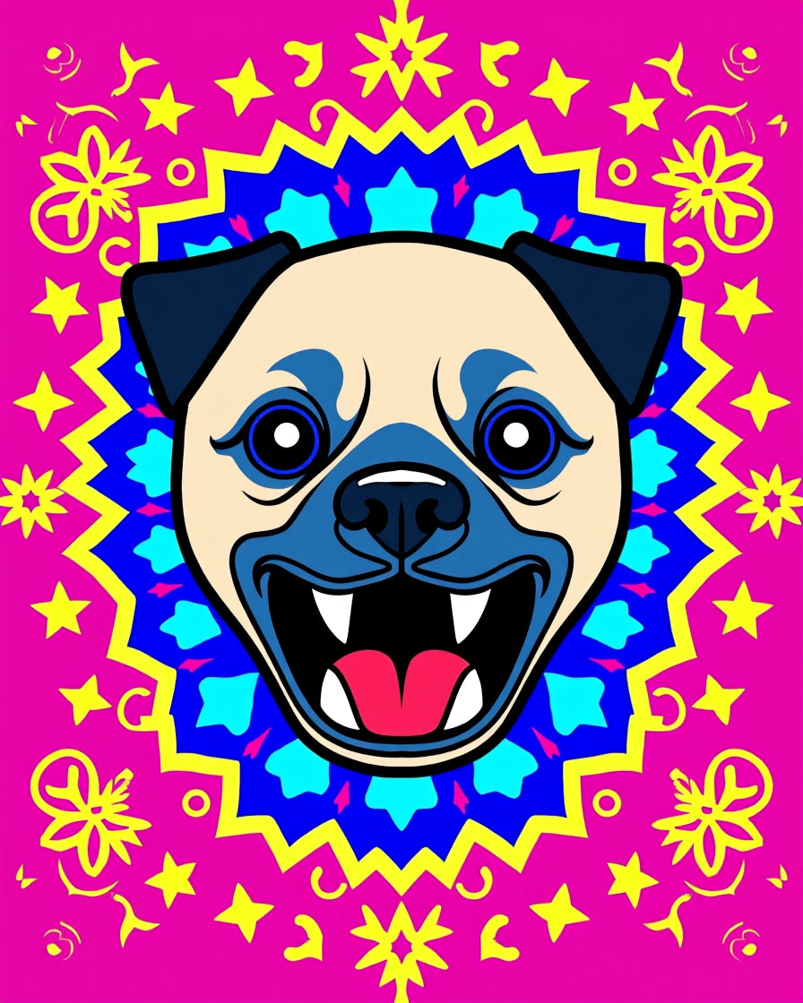 Vibrant Pug Mandala Hot Pink Yellow Rug