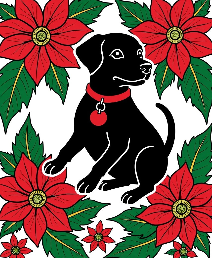 Black Labrador Poised Amongst Poinsettias Rug