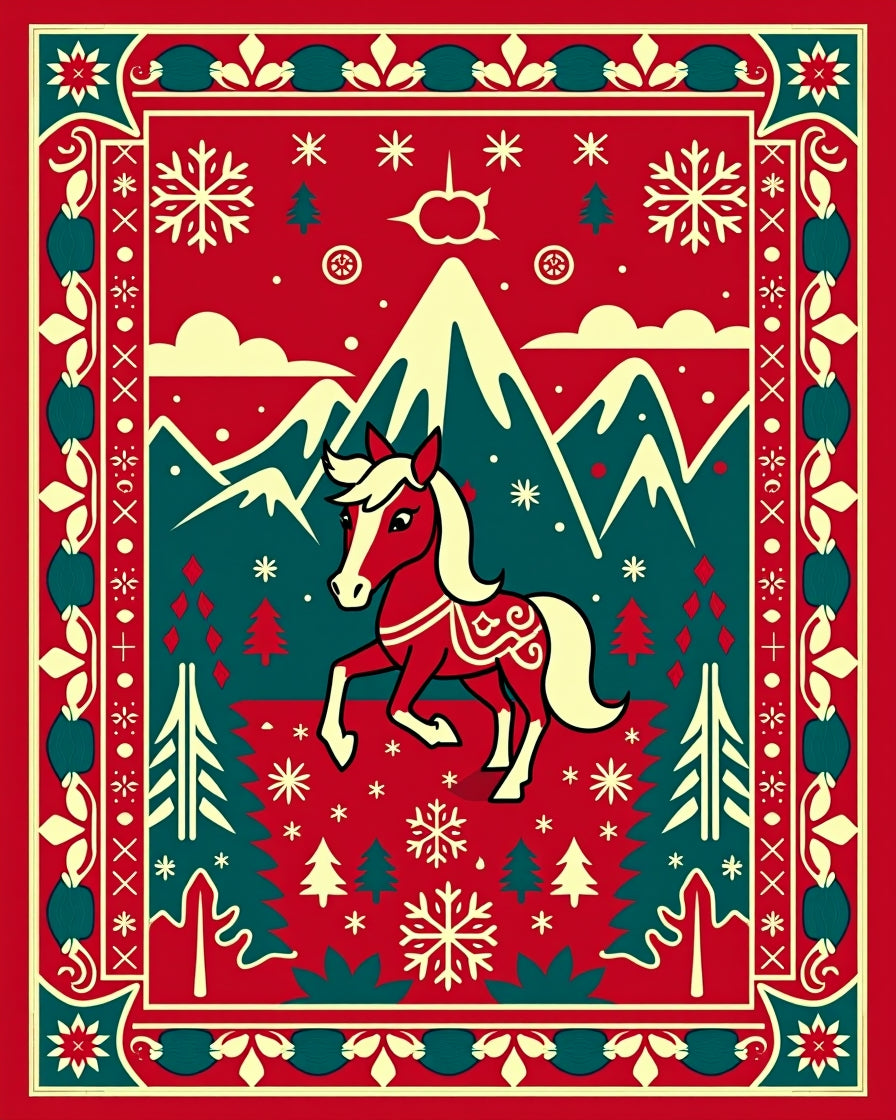 Enchanting Red Horse Winter Scene Rug