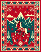 Enchanting Red Horse Winter Scene Rug