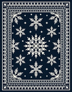 Navy White Snowflake Winter Border Rug