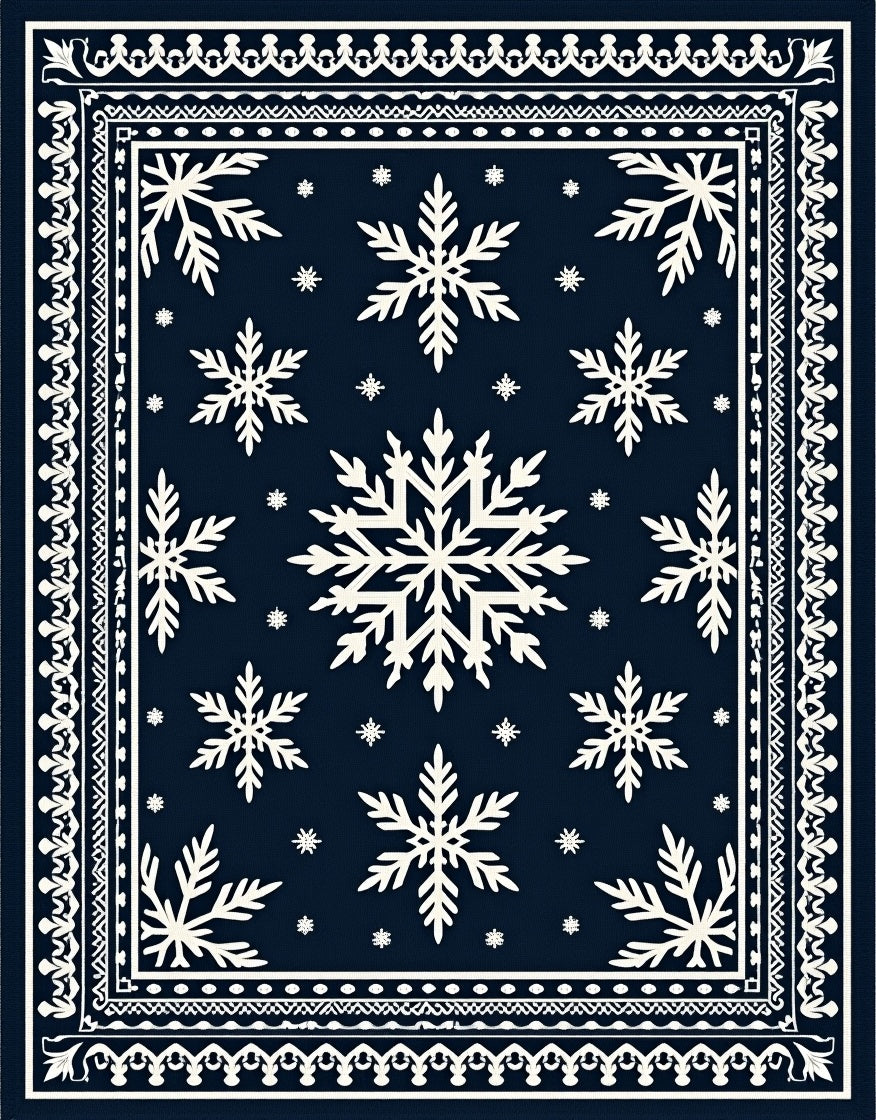 Navy White Snowflake Winter Border Rug