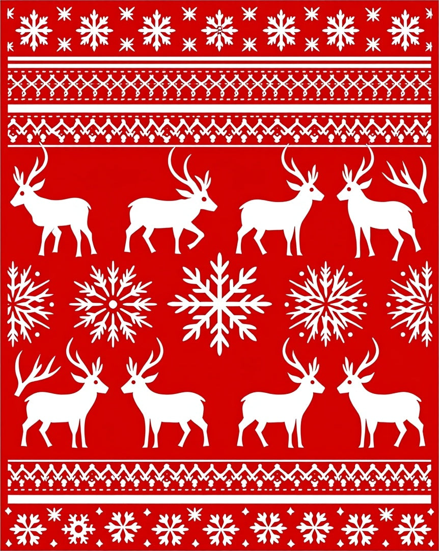 Red White Deer Snowflakes Scandinavian Rug