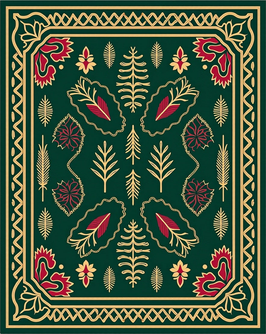 Emerald Crimson Leafy Folk Art Rug