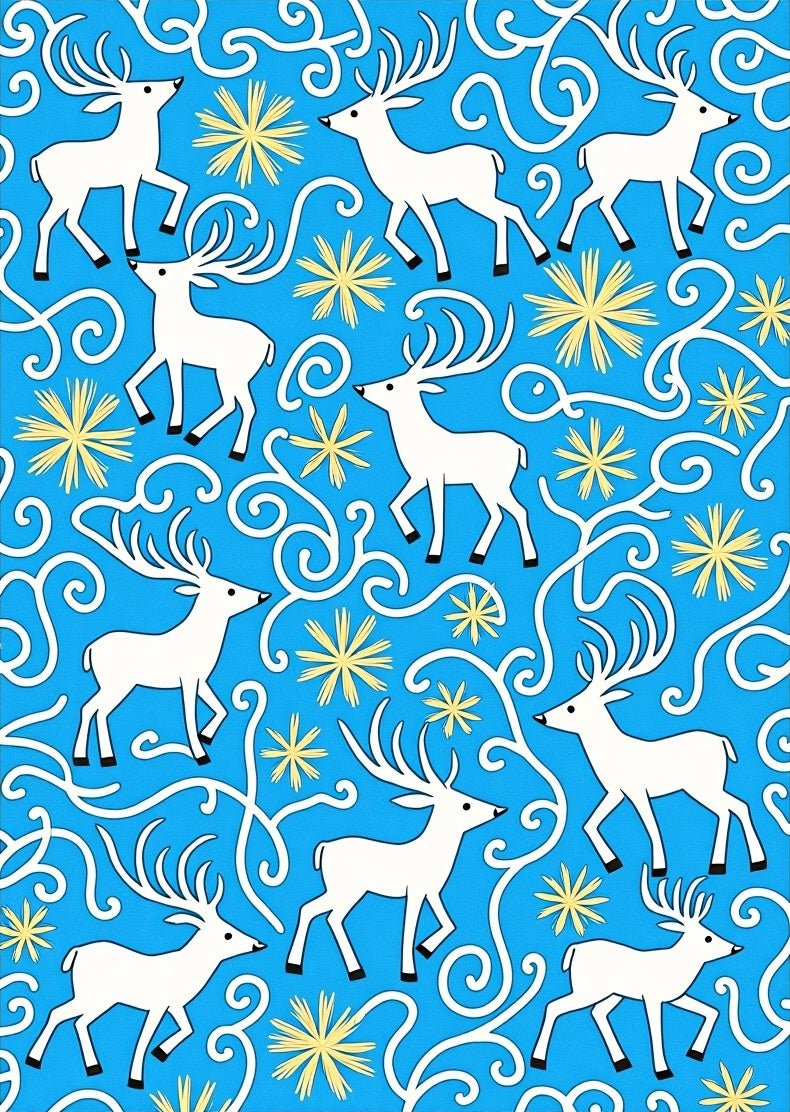White Deer Blue Floral Swirl Rug