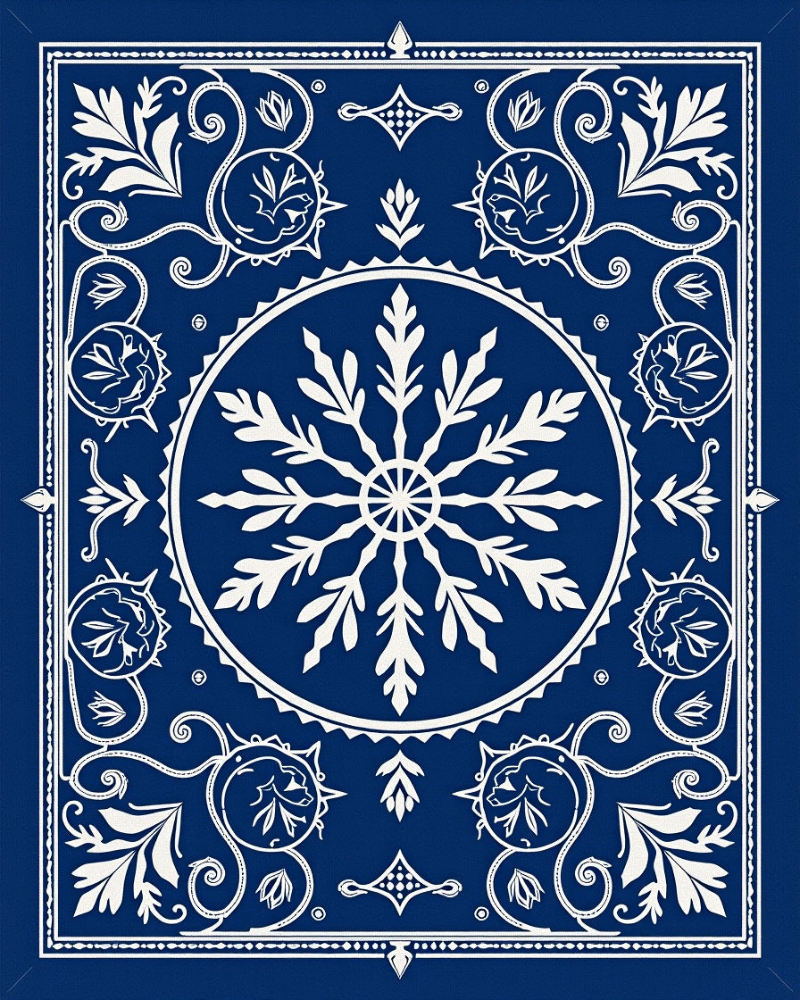 Deep Blue Snowflake Medallion Scrollwork Rug