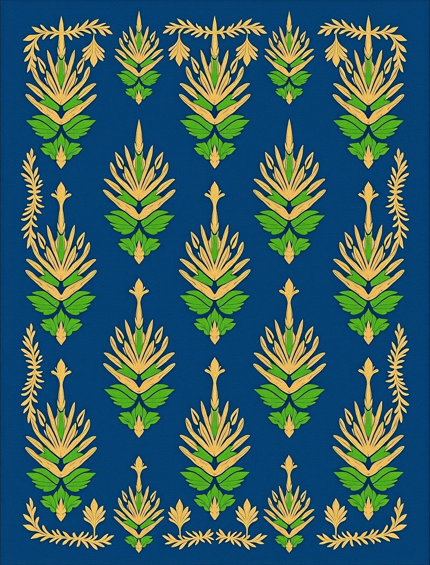 Royal Blue Green Golden Floral Arrangement Rug