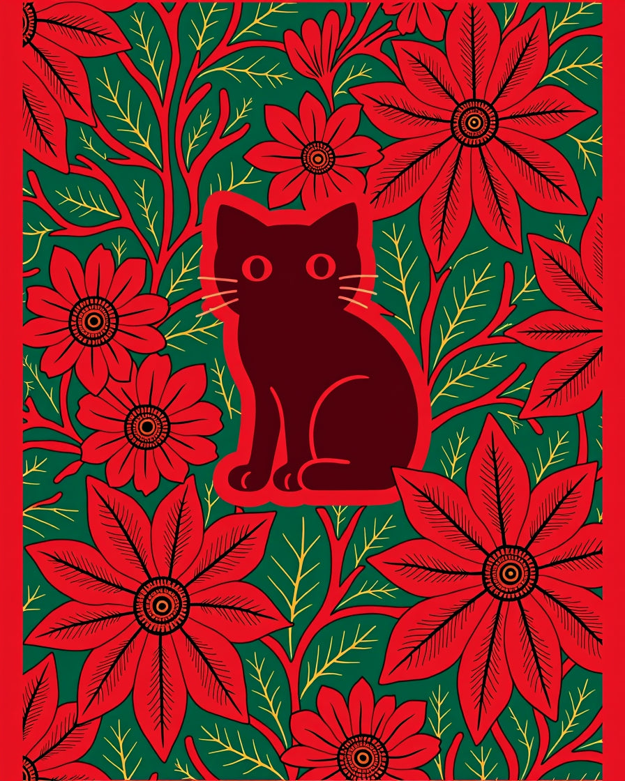Red Poinsettia Cat Green Floral Rug