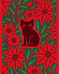 Red Poinsettia Cat Green Floral Rug