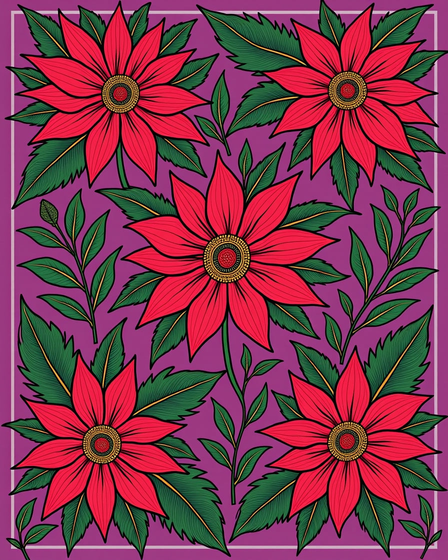 Red Floral Bloom With Green Foliage Rug
