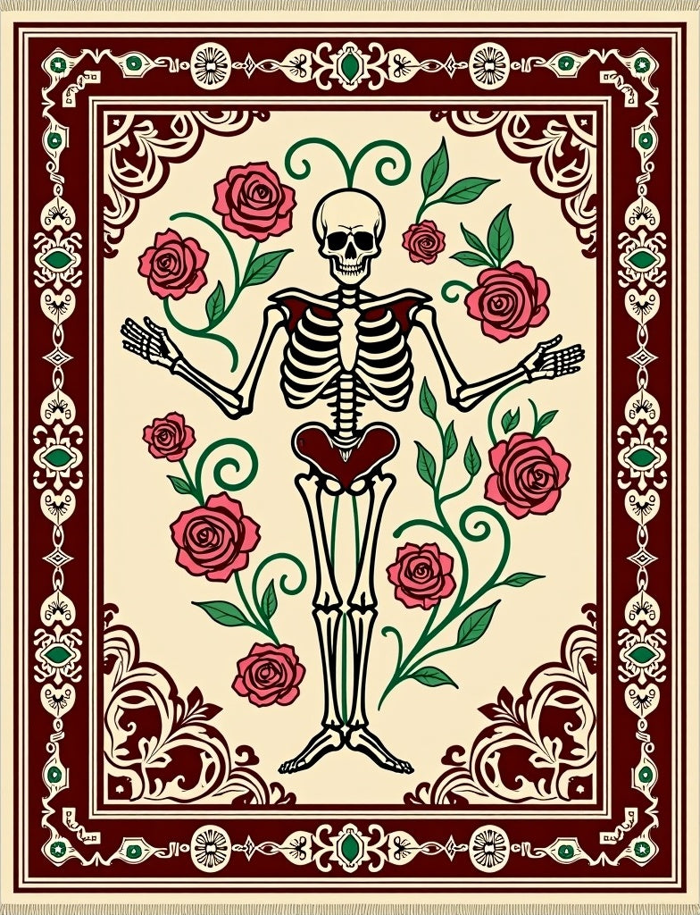 Crimson Rose Skeleton Garden Border Rug