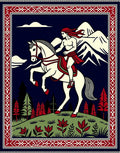 Warrior rider with red mane and horse Rug