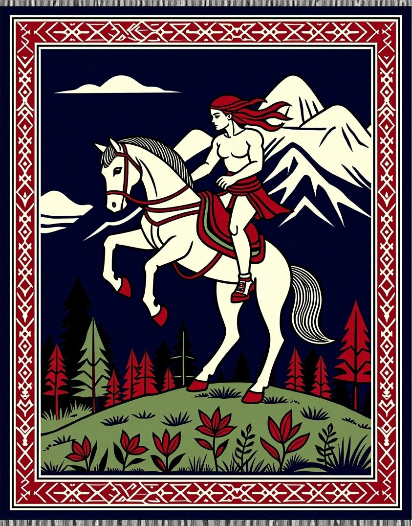 Warrior rider with red mane and horse Rug