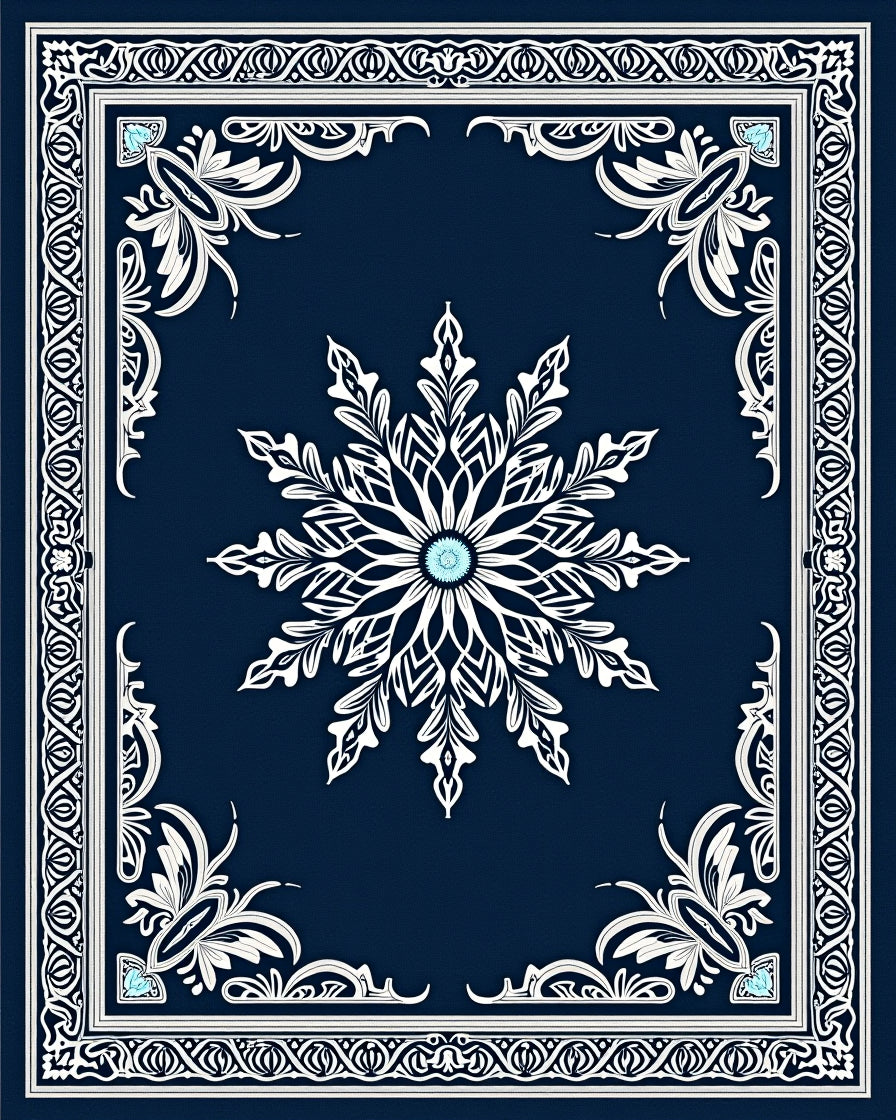 Deep Blue White Snowflake Medallion Rug