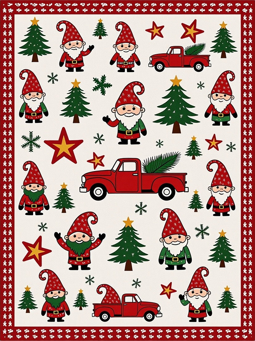 Festive Gnomes Red Truck Christmas Trees Rug