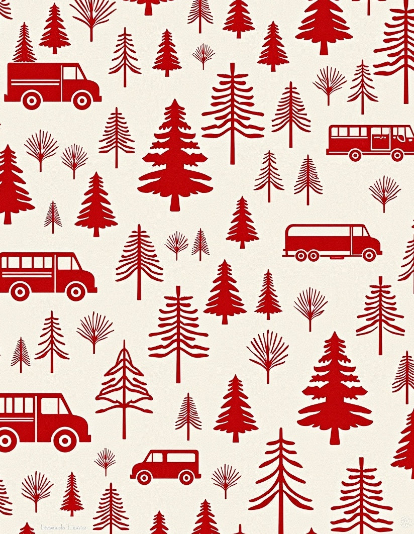 Red Retro Vehicle Tree Silhouette Rug