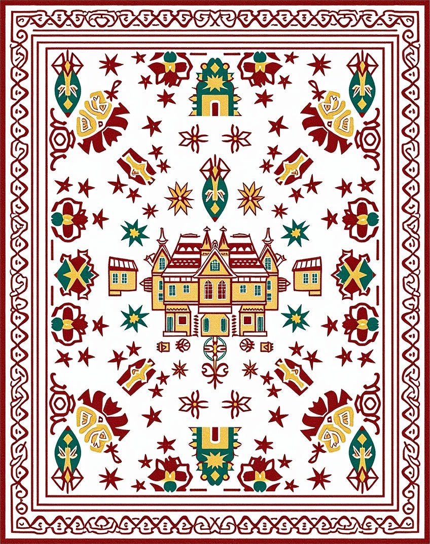 Vibrant red yellow and teal house motif Rug