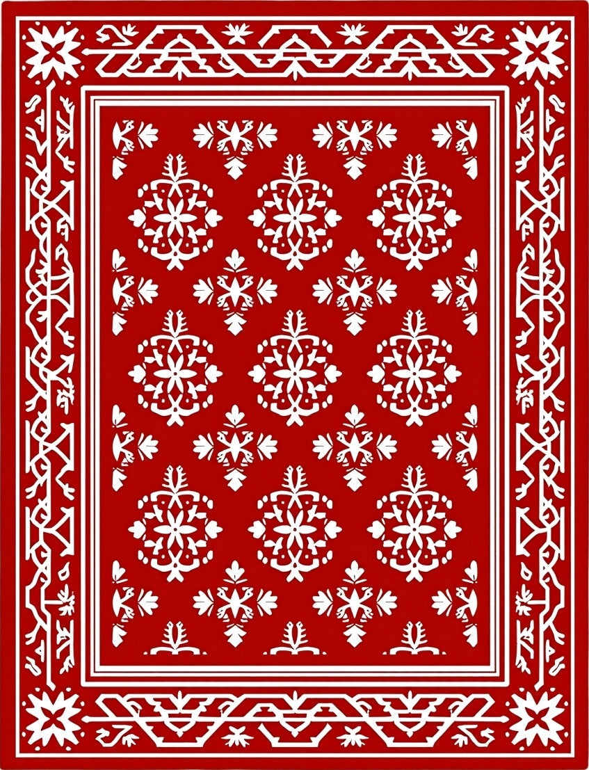 Vibrant Red White Medallion Border Rug