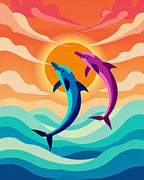 Vibrant Sunset Dolphin Ocean Waves Rug