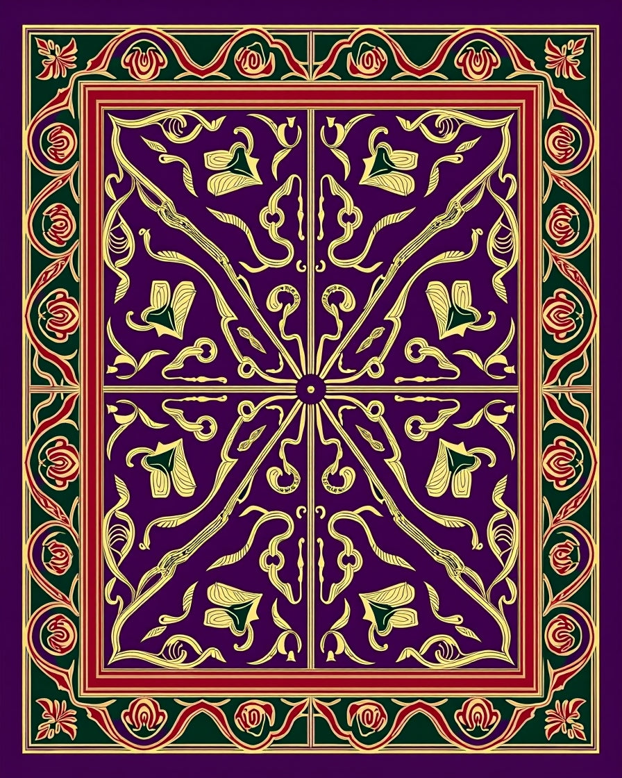 Rich Violet Golden Floral Border Rug