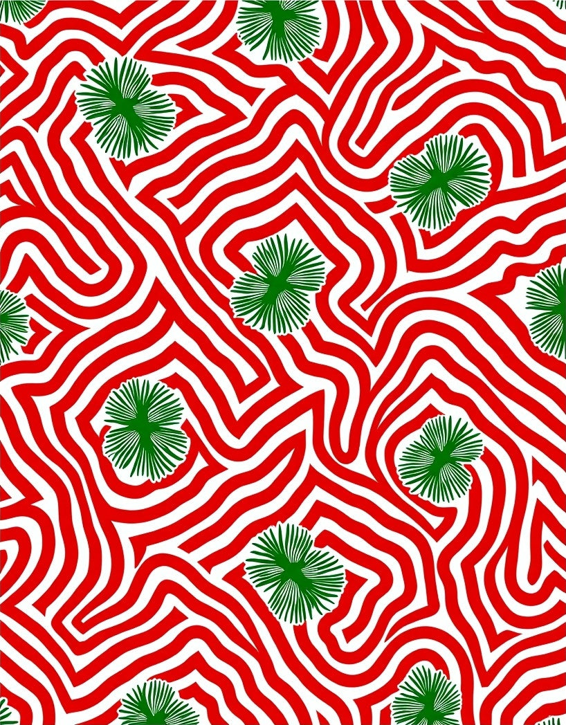 Red White Green Botanical Swirl Rug