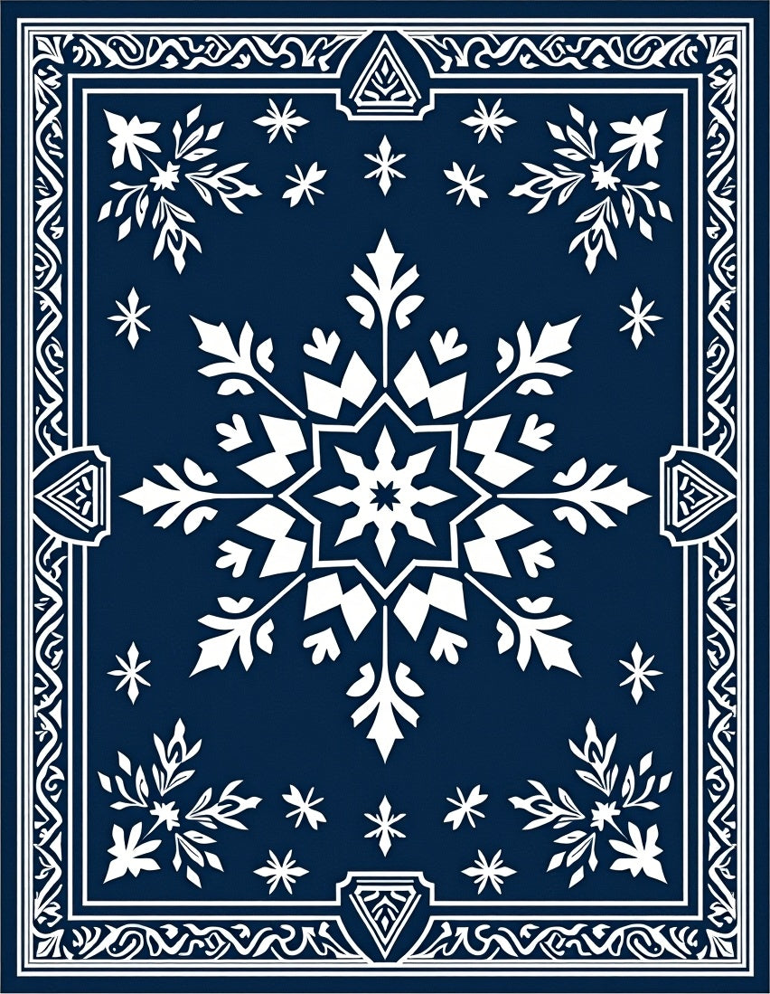Deep Blue Snowflake Floral Border Rug